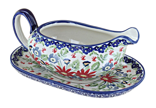 Polish Pottery Jungle Bouquet Gravy Boat & Plate
