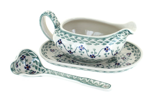 Polish Pottery Sage Floral Gravy Boat & Ladle