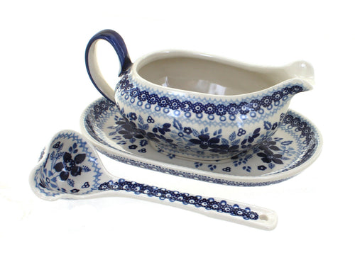 Polish Pottery Vintage Blue Daisy Gravy Boat & Ladle