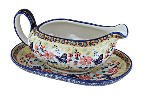 Polish Pottery Blue Butterfly Gravy Boat & Plate