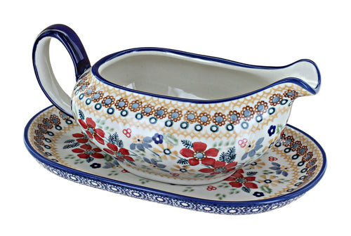 Polish Pottery Red Daisy Gravy Boat & Plate