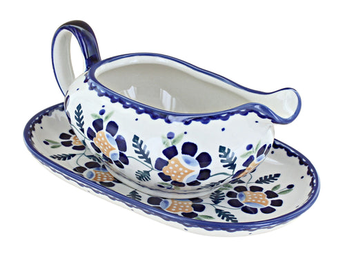 Polish Pottery Sunflower Gravy Boat & Plate