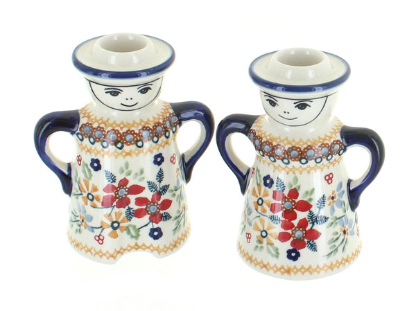 Red Daisy Lady & Man Candlestick Holders