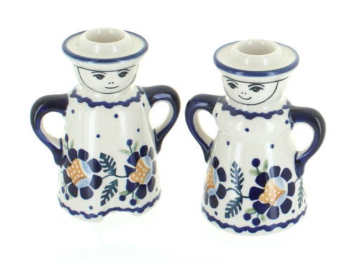 Polish Pottery Sunflower Lady & Man Candlestick Holders