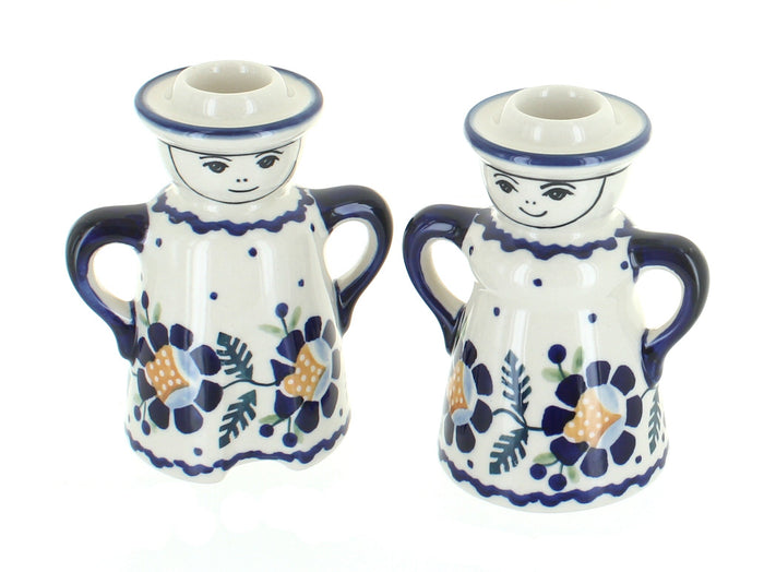 Polish Pottery Sunflower Lady & Man Candlestick Holders