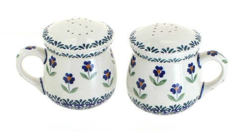 Polish Pottery Blue Daisy Salt & Pepper Shakers with Handles