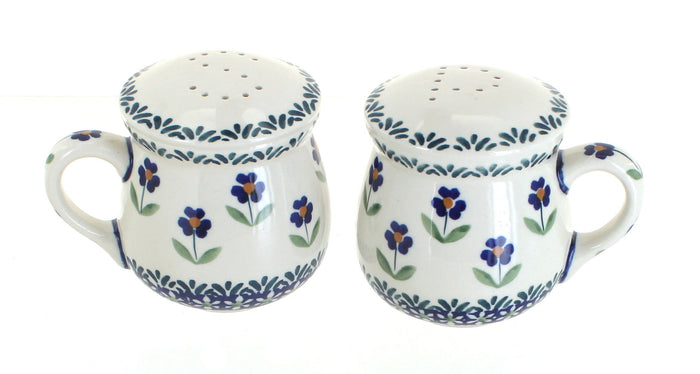 Polish Pottery Blue Daisy Salt & Pepper Shakers with Handles