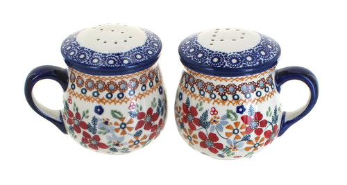 Polish Pottery Red Daisy Salt & Pepper Shakers with Handles