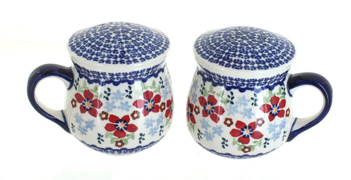 Polish Pottery Red Poppy Salt & Pepper Shakers with Handles