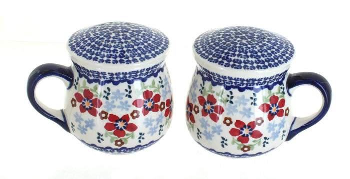Polish Pottery Red Poppy Salt & Pepper Shakers with Handles