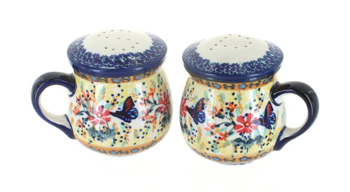 Polish Pottery Blue Butterfly Salt & Pepper Shakers with Handles