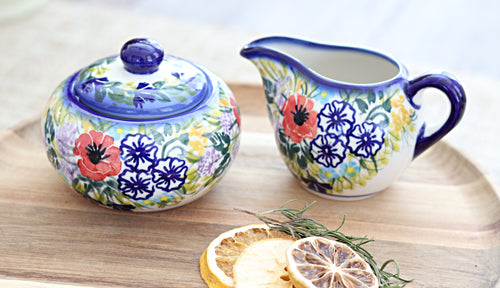 Summer Garden Sugar Bowl & Creamer Set Polish Pottery