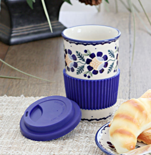 Sunflower Travel Coffee Mug Polish Pottery