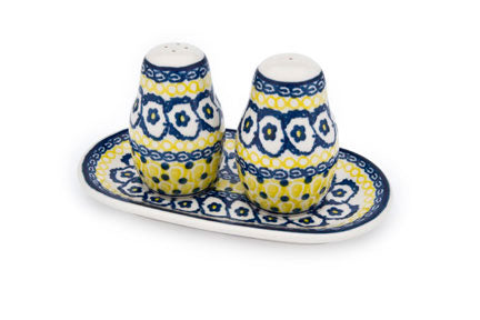 Saffron Salt & Pepper Shakers with Tray Polish Pottery