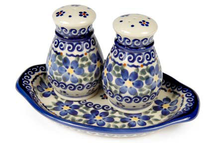 Spring Blossom Salt & Pepper Shakers with Tray Polish Pottery