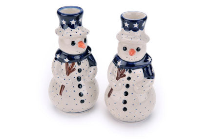 Snowman Candlestick Pair Polish Pottery
