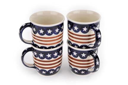 Stars & Stripes 4 Piece Mug Set Polish Pottery