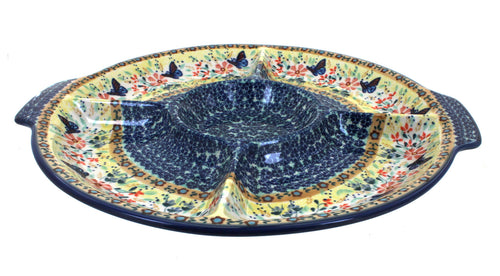 Polish Pottery Blue Butterfly Chip & Dip Plate