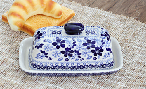 Vintage Blue Daisy Butter Dish Polish Pottery