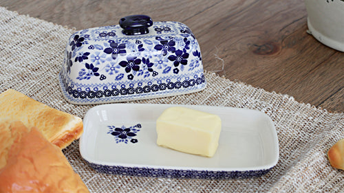 Vintage Blue Daisy Butter Dish Polish Pottery