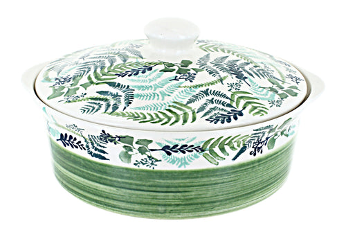 Polish Pottery Floating Fern Deep Round Baker with Lid