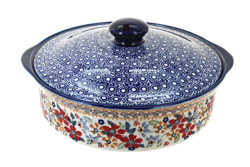 Polish Pottery Red Daisy Round Baker with Lid