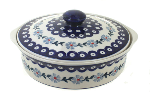 Polish Pottery Blue Violet Round Baker with Lid