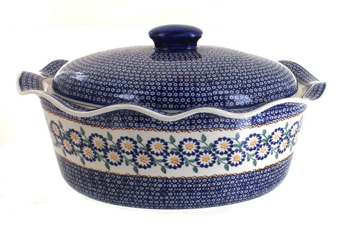 Polish Pottery Peach Blossom Large Oval Baker with Lid