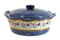 Polish Pottery Blue Butterfly Large Oval Baker with Lid