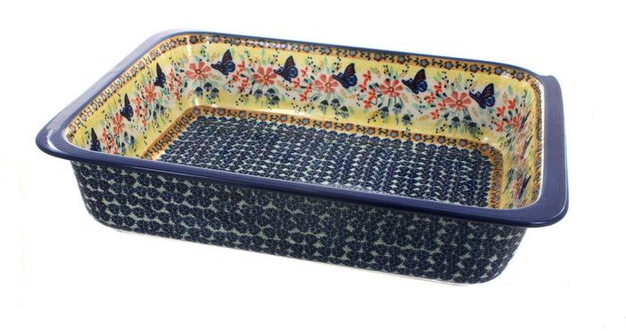 Polish Pottery Blue Butterfly Large Rectangular Baker