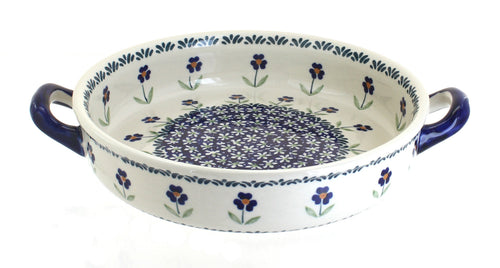 Polish Pottery Blue Daisy Small Round Baker with Handles