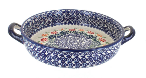 Polish Pottery Garden Bouquet Small Round Baker With Handles