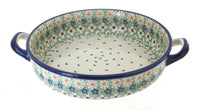 Polish Pottery Green Daisy Small Round Baker with Handles
