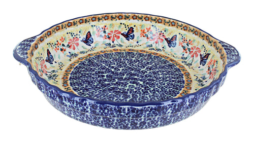 Polish Pottery Blue Butterfly Pie Plate with Handles