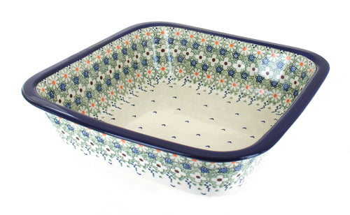 Polish Pottery Green Daisy Large Square Baker