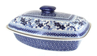 Polish Pottery Vintage Blue Daisy Covered Baker