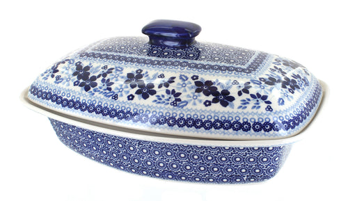 Polish Pottery Vintage Blue Daisy Covered Baker