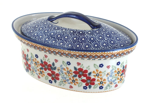 Polish Pottery Red Daisy Small Oval Covered Baker