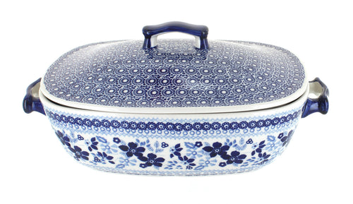 Polish Pottery Vintage Blue Daisy Roaster with Lid