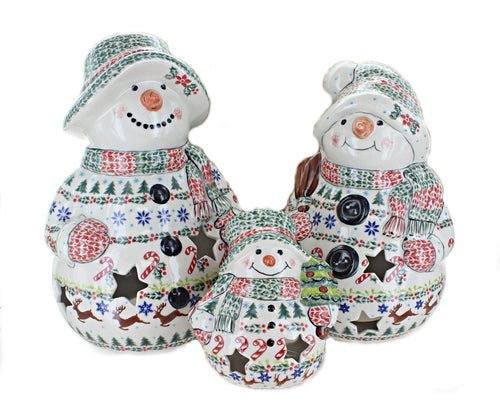 Polish Pottery Christmas Joy Snowman Luminary Set