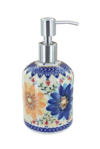 A ceramic soap dispenser with a white base decorated with blue, orange, and red floral motifs, featuring a silver metal pump.