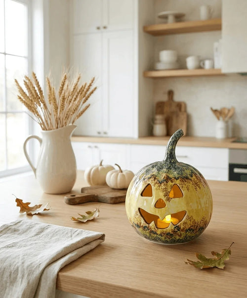 A carved decorative pumpkin with a warm yellow-orange glow inside sits on a wooden kitchen table, surrounded by fall leaves, small pumpkins, a cream pitcher with wheat, and a folded linen napkin in a bright kitchen setting.
