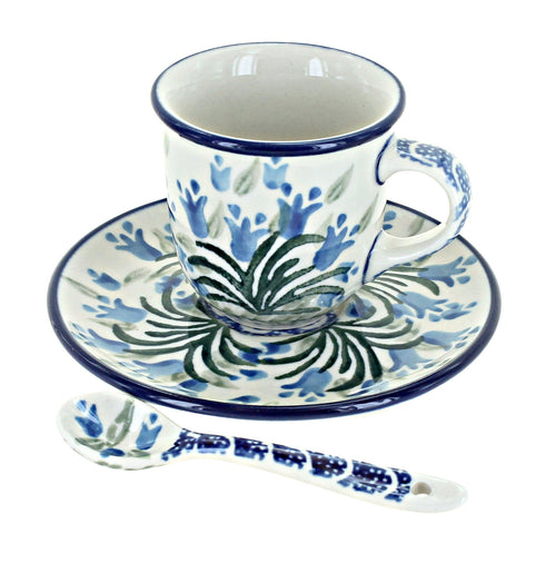 Polish Pottery Tulip Bouquet Espresso Cup & Saucer with Spoon