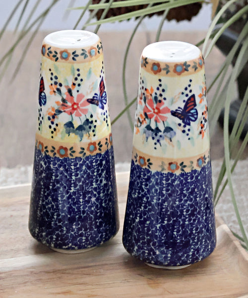 Blue Butterfly Salt & Pepper Shakers Polish Pottery