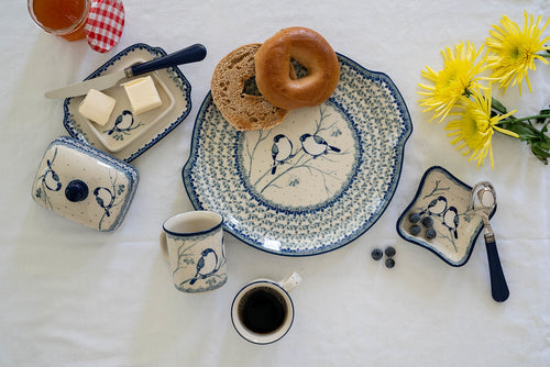 Bluebird Round Serving Tray with Handles Polish Pottery