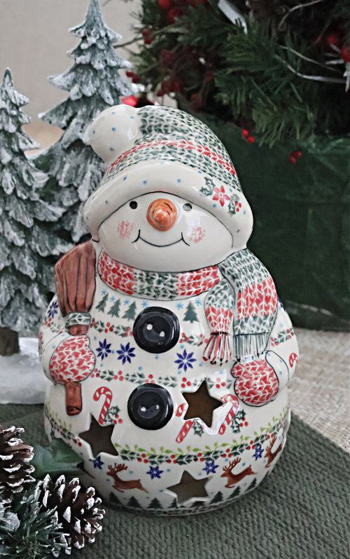Christmas Joy Snowman with Broomstick Luminary Polish Pottery