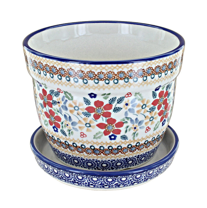 Polish Pottery Red Daisy Large Flower Pot