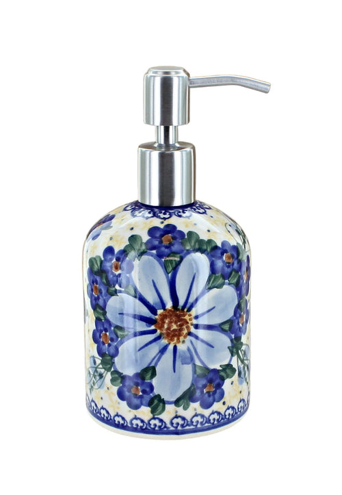 Product shot of Polish pottery soap dispenser in Daisy Surprise pattern