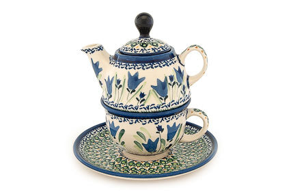Blue Tulip Individual Teapot & Cup Polish Pottery