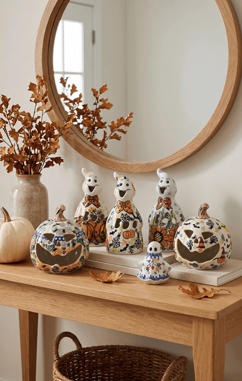 A styled entryway console table featuring a set of ceramic Halloween decorations, including three tall ghost figurines, two carved jack-o'-lantern pumpkins, and a small ghost, arranged under a large round wooden mirror.